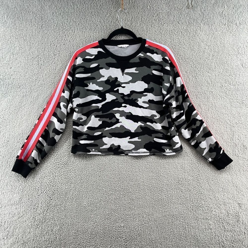 OFF DUTY BB Dakota Cropped Sweater Womens small Black Camouflage Striped Sleeve